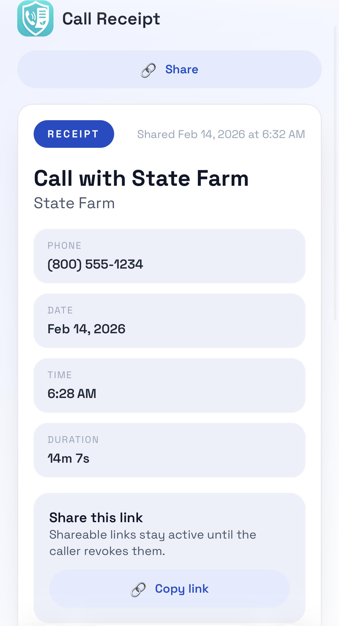 State Farm call receipt top